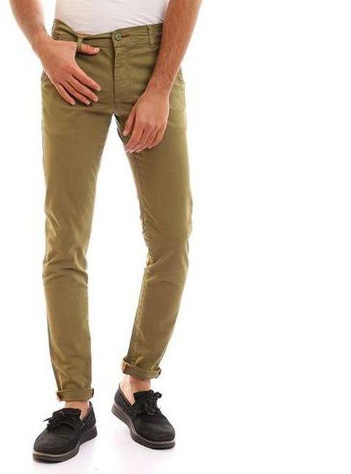Andora Solid Fly Zipper Button Cotton Pants - Olive