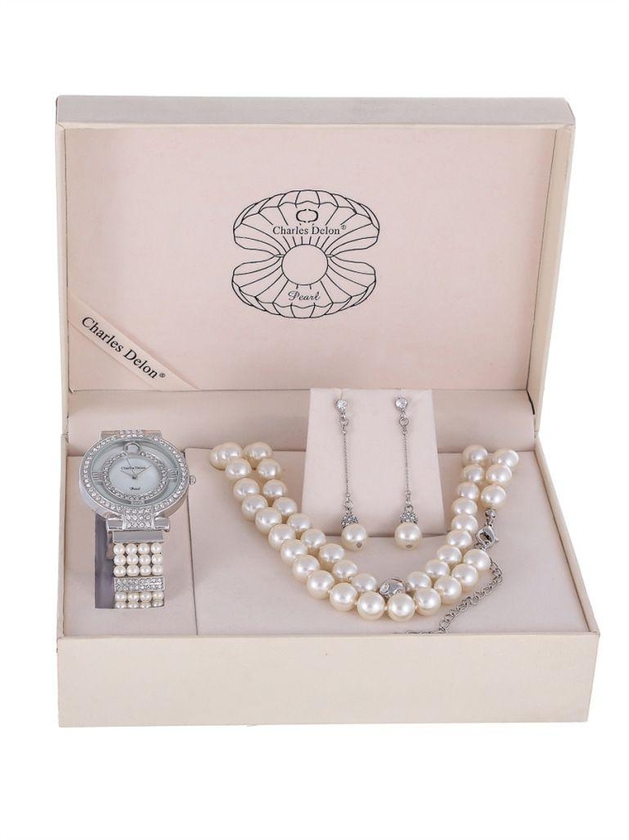 Charles Delon For Women Mother of Pearl Dial Stainless Steel Band Watch Gift Set - 5338L