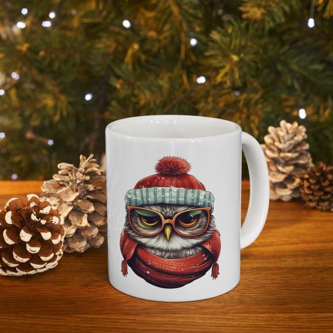 Festive Christmas Owl Mug Wrap مج مطبوع للكريسماس , مج سيراميك