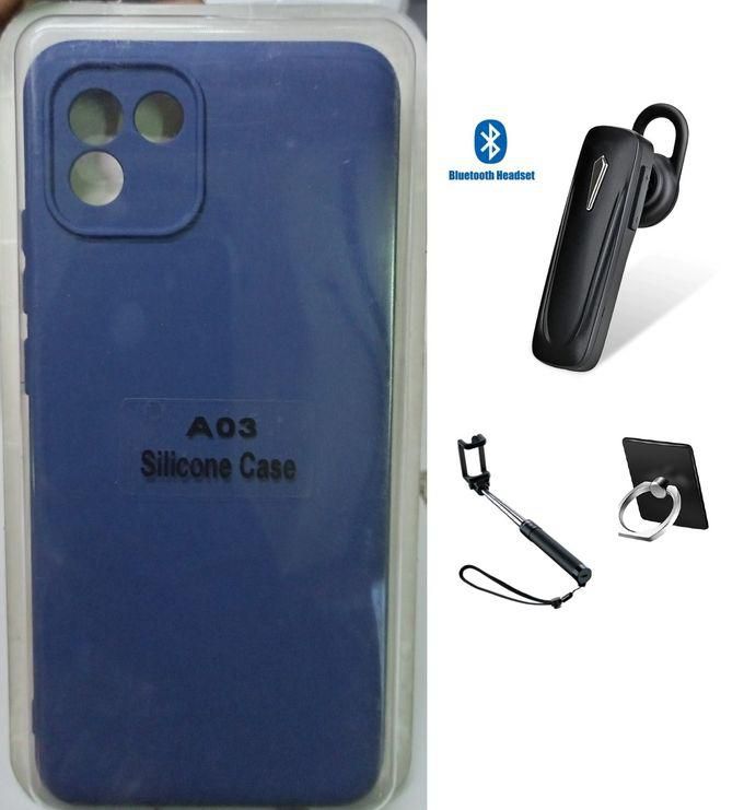 Samsung A03 BLUE Slim Fit Silicone Cover + Bluetooth Headset + Selfie Stick + Ring//