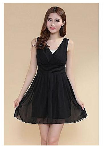 Sunweb Summer Elegant Slim Fit Deep V-Neck Chiffon Sleeveless Mini Party Dress Black