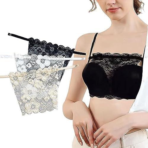 Xspring Lace Privacy Invisible Bra, 3 Pcs Clip On Cleavage Cover, Women's Floral Lace Strapless Bras, No Sponge Pad No Underwire Insert Overlay Modesty Panel Vest, Black, White, Flesh