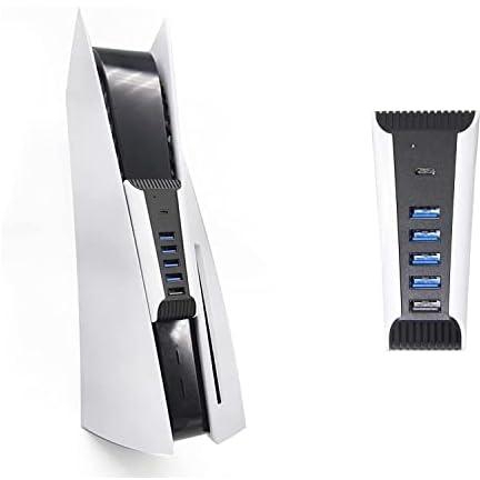 موزع USB بـ5 منافذ لجهاز PS5، محول موزع شاحن اليكدون عالي السرعة مع 4 منافذ USB + 1 منفذ شحن USB + 1 منفذ من النوع C، متوافق مع وحدة تحكم العاب بلاي ستيشن 5 دوال سينس
