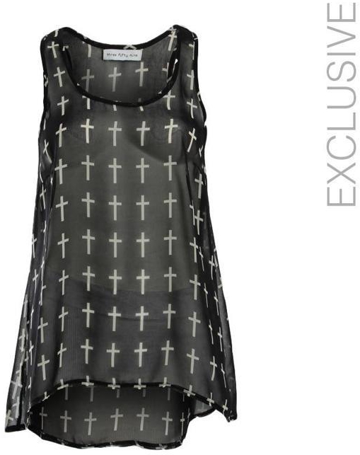 Three Fifty-Nine Black Polyester Top with "Cross" Print with Chiffon Accent