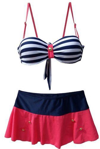 White Blue Striped Bra & Skirt Swimwear Set