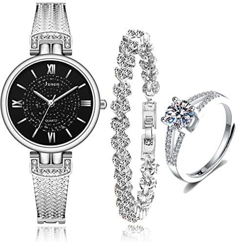 Women's Quartz Watchs Girl Jewelry Fashion Premium Diamond Gem Decorate Design Bracelet Gem Ring Ladies Wrist watch 3pcs Gift Set