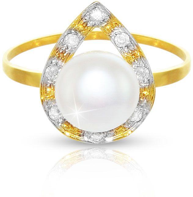 Vera Perla 18K Gold 0.08 Ct. Diamond Pearl Drop Ring-Size 6 US