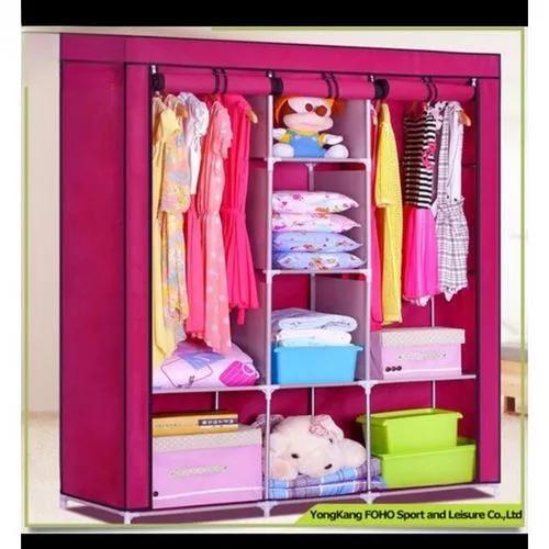 3Column Wooden Portable Wardrobe- pink