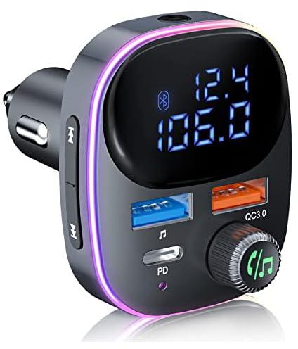 Newest Bluetooth V5.3 FM Transmitter, Bluetooth Car Transmitter Car Radio Transmitter Hands Free Car Kit MP3 Player QC3.0 PD3.0 Car Charger with LED Display Support USB Drive Colorful Light