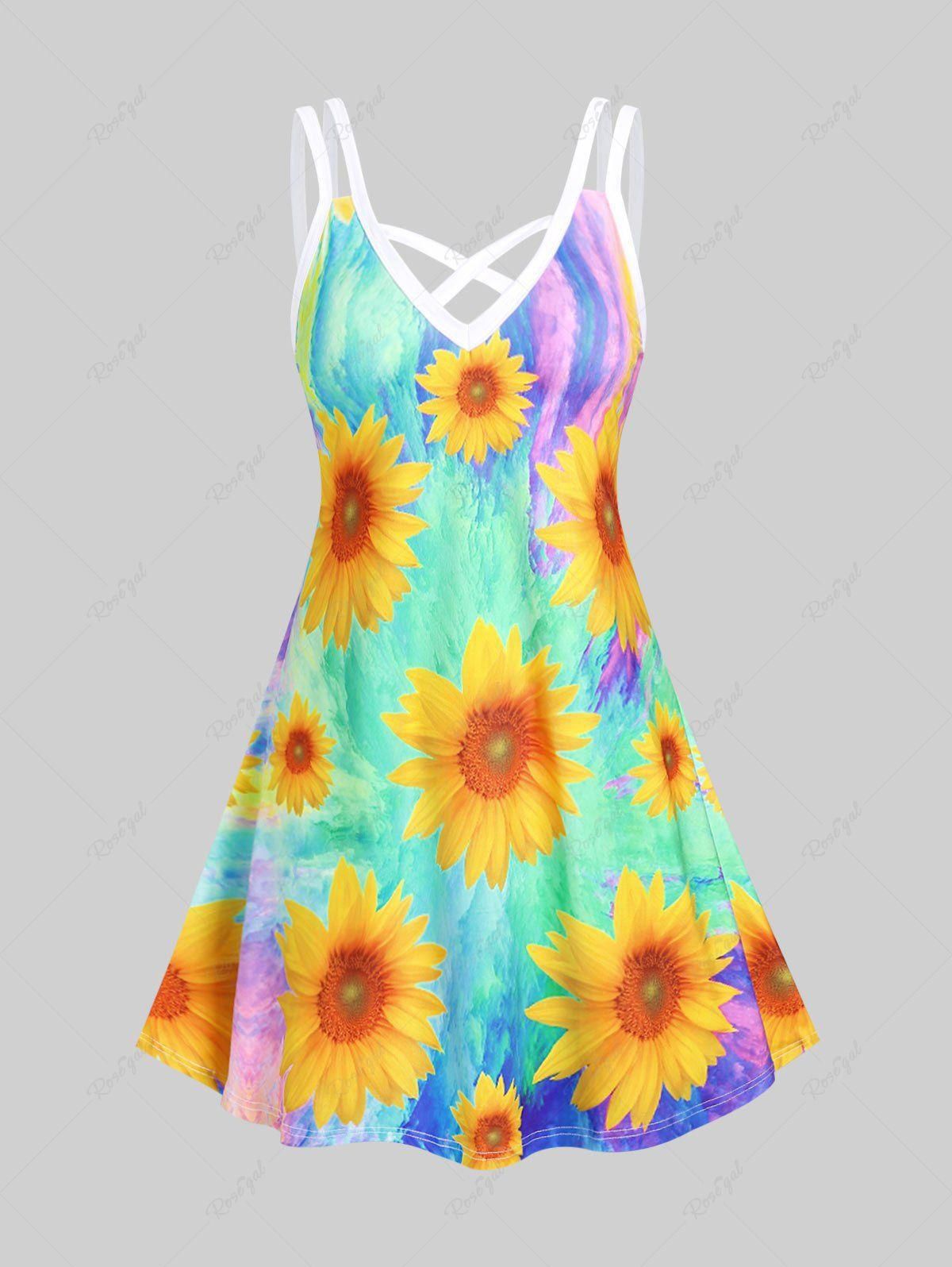 Plus Size & Curve Colorblock Sunflower Crisscross Sleeveless Dress - 5x | Us 30-32
