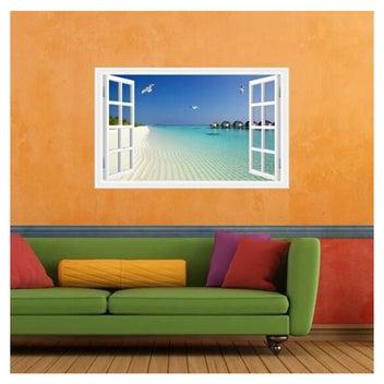 ملصق جداري لتزيين المنزل بتصميم نافذة وهمية تطل على شاطئ بحر يحلق فوقه طائر نورس متعدد الألوان 90x60سم