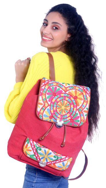 Ebda3 Men Masr Fashionable Embroidered Detailed Backpack - Coral