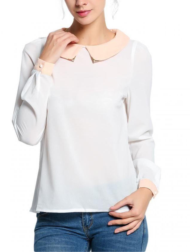 Sunshine New Women Fashion Long Sleeve Doll Collar Casual Sweet Chiffon Top Shirt Blouse-White