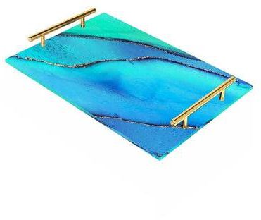 Decorative Acrylic Serving Tray with Gold Color Metal Handles Multi Watercolor 24x34cm