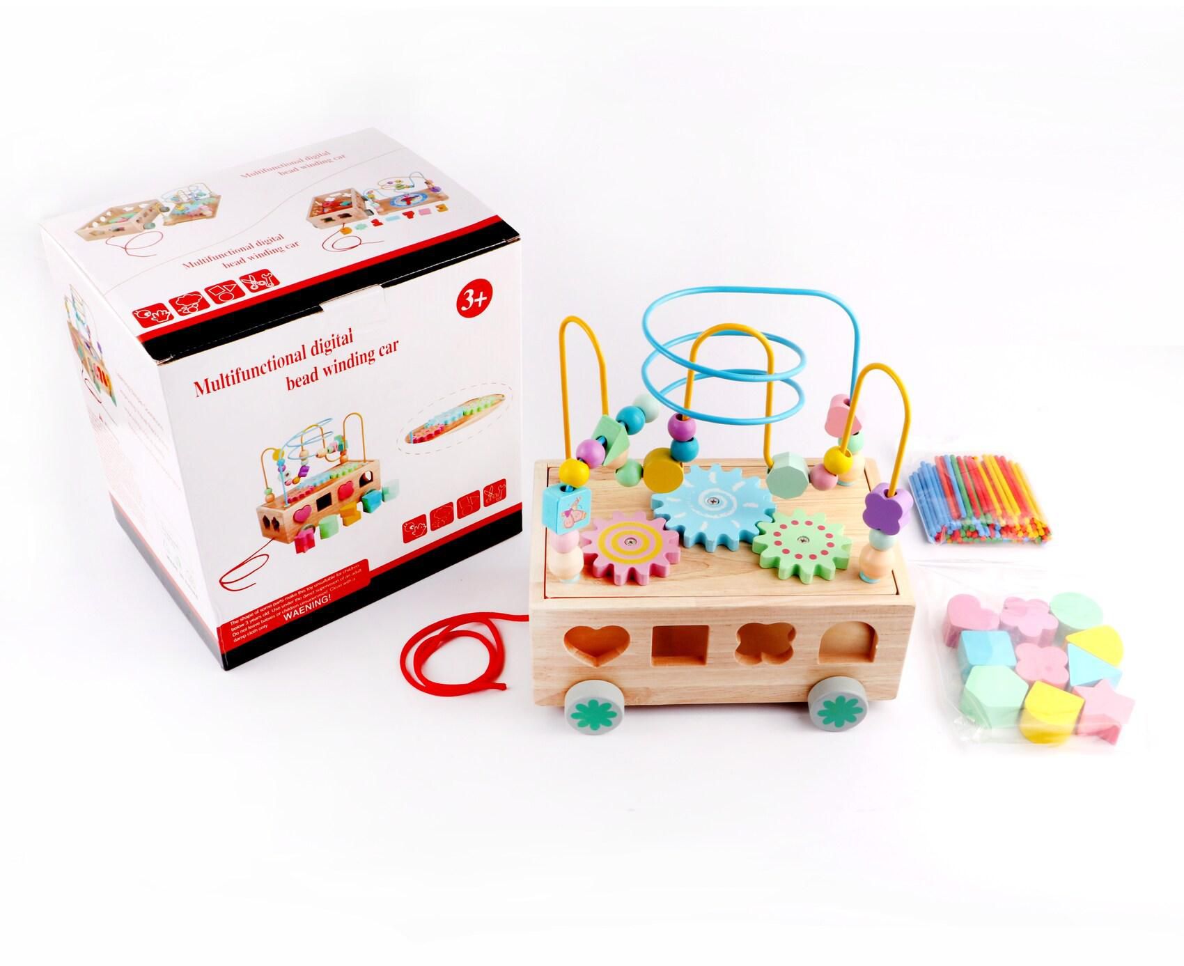 Factory Price, Multifunctional 4 In 1 Wooden Activity Cube With A Bead Winding Pull Along Car, Number Design