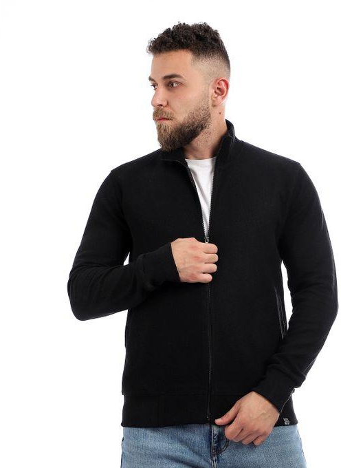 Izor Soft Ribbed Neck ZIpped Sweatshirt - Black