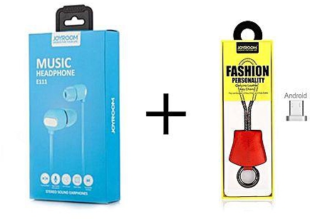Joyroom Bundle Offer Jr-E111 In-Ear Headset Earphone With Microphone Blue & Genuine Leather Keychain 2in1 Lightning and Micro USB Cable JR-S119 - Red