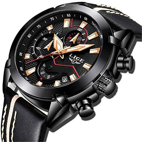 LIGE Mens Watches Fashion Sports Analog Quartz Watch Brown Leather Men Classic Waterproof Date Black Watch.