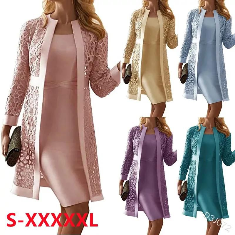 Spring autumn new women's pure color lace cardigan round neck dresses two sets
