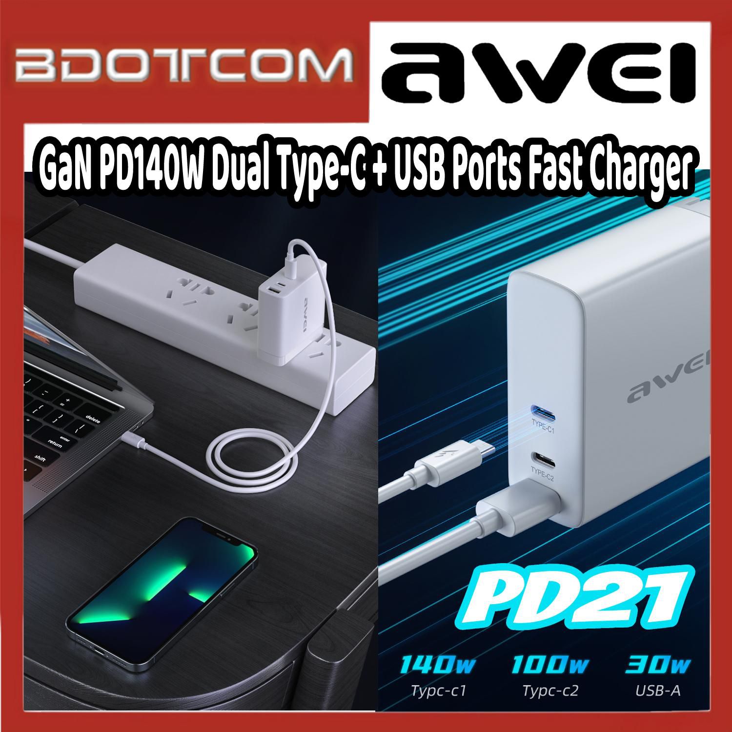 Awei PD21 GaN PD140W Dual Type-C Ports + Single USB Port Wall Charger (UK Plug)