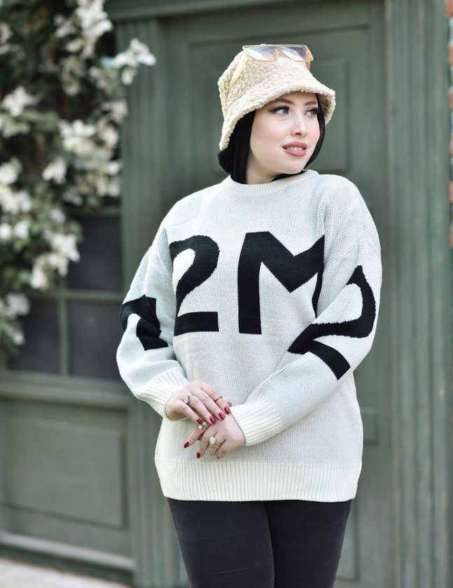Two-Tone Cable Knit Pullover White