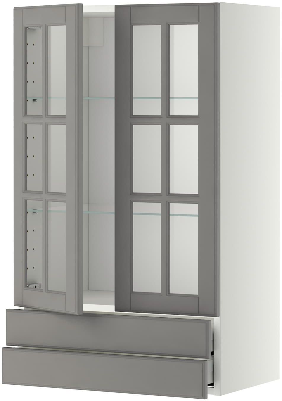 METOD / MAXIMERA Wall cab w 2 glass doors/2 drawers - white/Bodbyn grey 60x100 cm