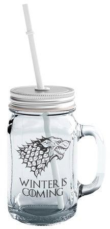 Game Of Thrones Themed Printed Mason Jar With Straw Clear/Silver/White 15ounce