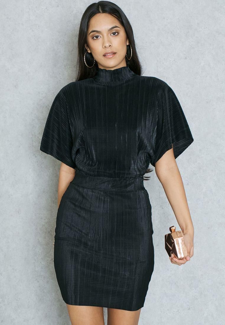 Pleated Cut Out Back Batwing Dress