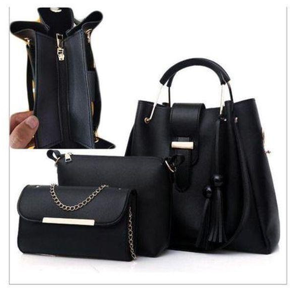 3in1 Office Leather Ladies Handbag-Black