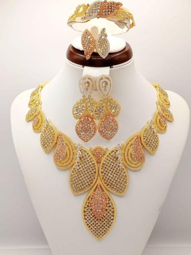 2022 Fashion Gold Plated Color Jewelry Sets For Women Bridal Luxury Necklace Earrings Bracelet Ring Set Dubai African Wedding Gifts