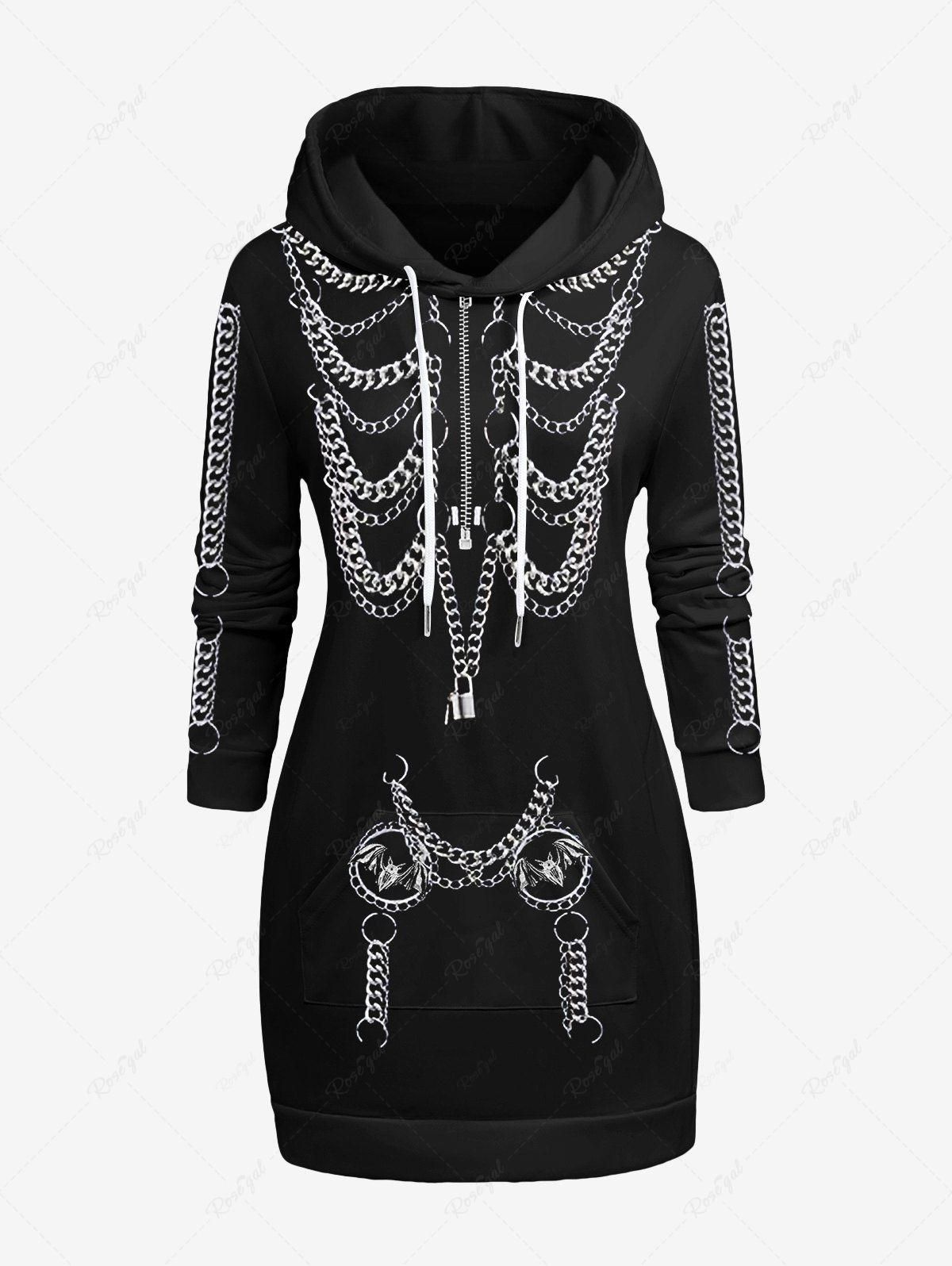 Plus Size Bat Zipper 3D Print Halloween Skeleton Style Chains Drawstring Hooded Dress - Xl