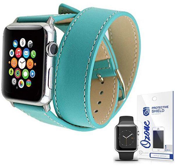 PU Leather Band Strap Double Tour with screen protector for Apple Watch 42mm Blue