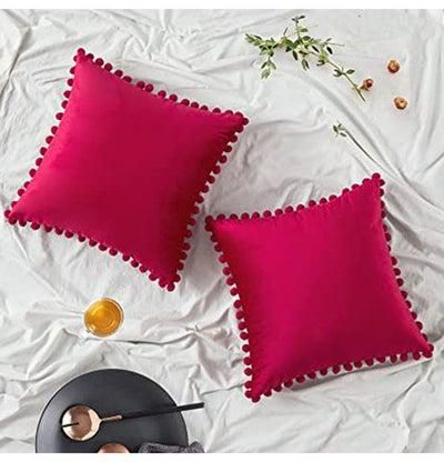 Pack Of 2 Velvet Throw Pillow Covers Pompom Decorative Pillowcases Solid Soft Cushion Covers combination Red 40x40cm