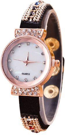 Glamorous Black Colored Wrist Watch With Crystals For Women [20084]