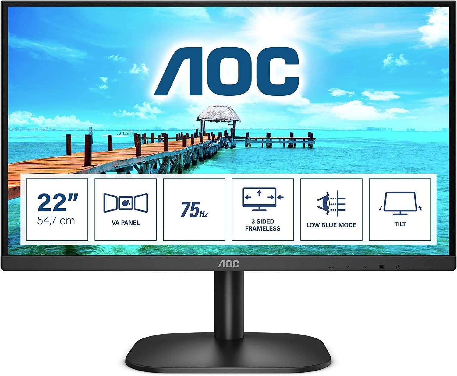 AOC 22B2HM Flat Monitor, 21.5 inch FHD VA - 75Hz, 6.5ms, Adaptive Sync, HDMI, Stand Included, Black