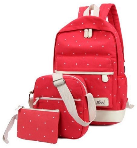 Women Canvas Fashion Outdoor Travel Backpack Bag Red 3 Pieces