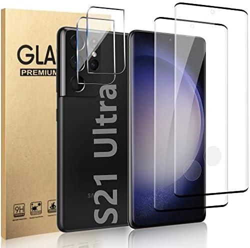 [2+2 Pack ] Galaxy S21 Ultra 5G Screen Protector Tempered Glass, with 2 Pack Camera Lens Protector, 9H Hardness, Support Fingerprint, 3D Curved Glass Film For Samsung Galaxy S21 Ultra (6.8")