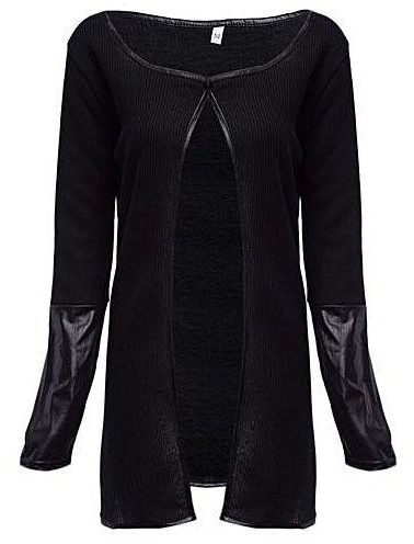 Fashion Ladies Knitted Leather Spliced Cardigan - Black