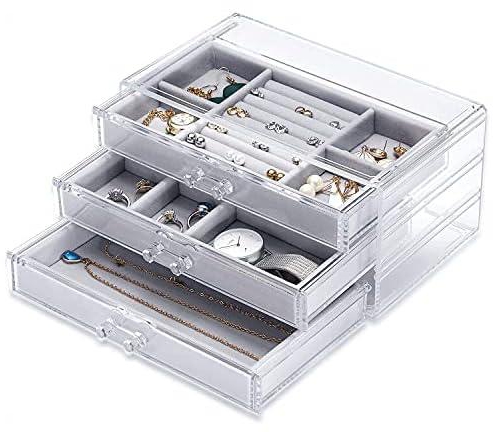 RO 3 Drawers Jewelry Box, Velvet Jewelry Organizer, Clear Acrylic Jewelry Box, Jewelry Box for Women, Clear Showcase for Earring Bangle Bracelet Necklace and Rings (Gray)