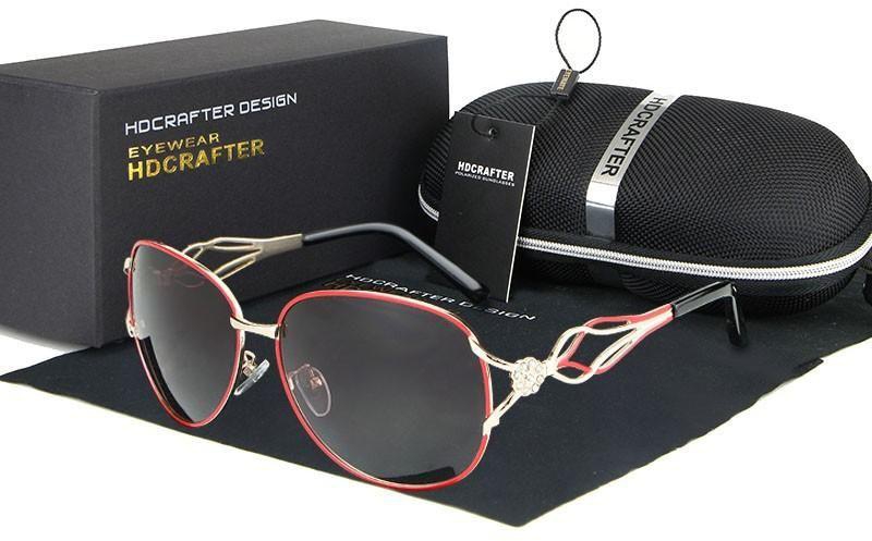 نظارة شمسية من HDCRAFTER - للنساء - اللون اسود - الاطار احمر