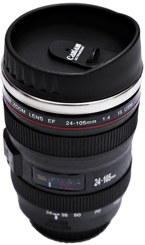 Caniam Metal and Plastic Camera Lens with Cover Coffee Mug, Black