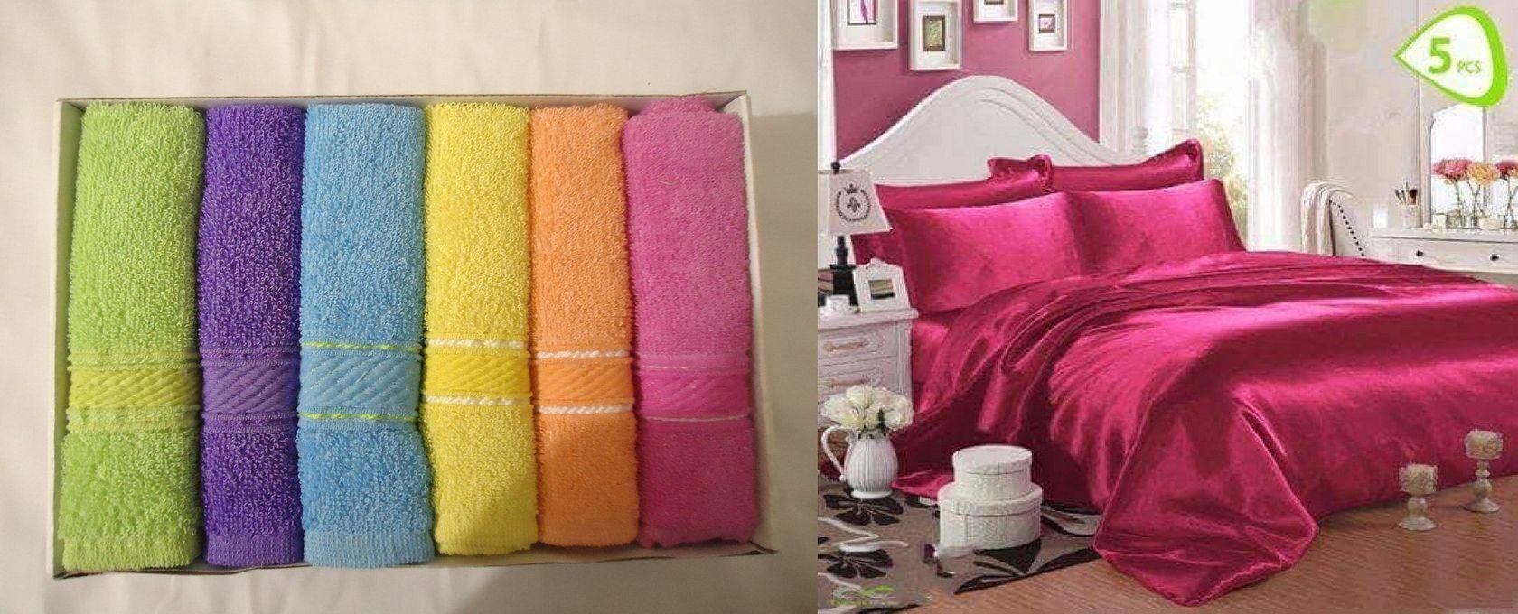 Satin Bed Sheet Set - 5 Pcs - Fuchsia + Cotton Towels - 6 Pcs - 30*30 Cm