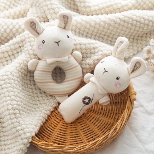 2PCS Plush Baby Soft Rattle Toys, Beige Bunny Baby Rattles Plush Rattle Shaker Set Baby Rattle Toys Infant Plush Rattle Gift Set Bunny Baby Toy Set Cuddly Beige Rattle for Infant Shower Gifts