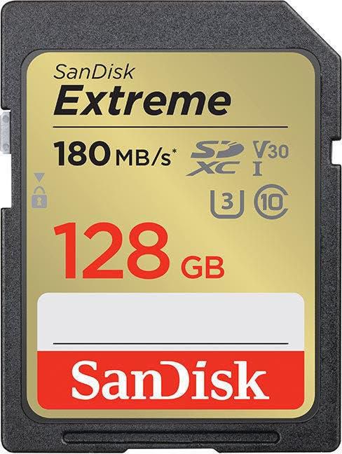 SanDisk Extreme SD UHS I 128GB Card for 4K Video for DSLR and Mirrorless Cameras 180MB/s Read & 90MB/s Write, Lifetime Warranty