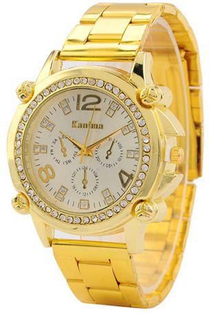 Yellow Gold Plated Wrist Watch With White Crystals For Women [20021]
