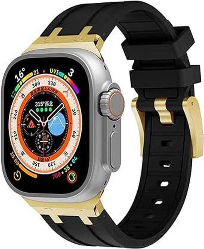 Liquid Silicone Rubber Band Compatible with Apple Watch Series Ultra 2 - 9 - 8 Ultra - 8 - 7 - 6 - 5 49mm 45mm 44mm 42mm Premium Rubber Strap with Stainless Steel Adapter (Black & Gold)