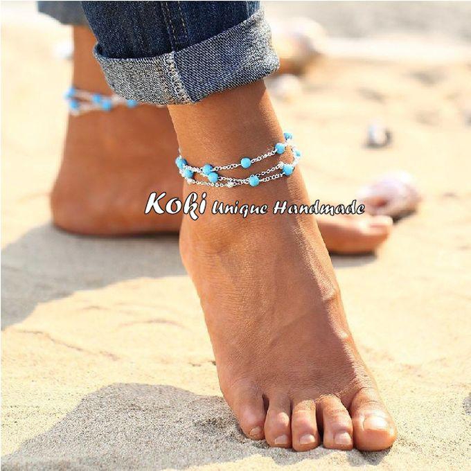 Koki Unique Handmade Silver Turquoise Anklet - 3 Rows
