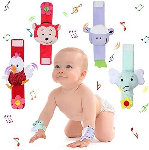 Baby Soft Rattle, Baby Infant Wrists Rattle and Foot Rattles Finders Socks Set, Hand Arm Rattle Ring,Feet Ankle Wear for Newborn Baby Boys & Girls, 4 Designs