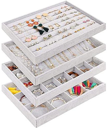 Padom Stackable Velvet Jewelry Trays Organizer, Jewelry Storage Display Trays for Drawer, Earring Necklace Bracelet Ring Organizer (Set of 4)