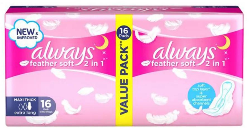 Always | Feather Soft Maxi Thick Extra Long Sanitary Pads with Wings | 16 Pads